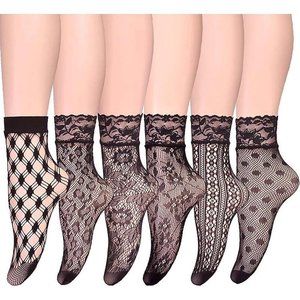 Nylon women Black 6 Pairs Lace Fishnet Anklet Dress Socks